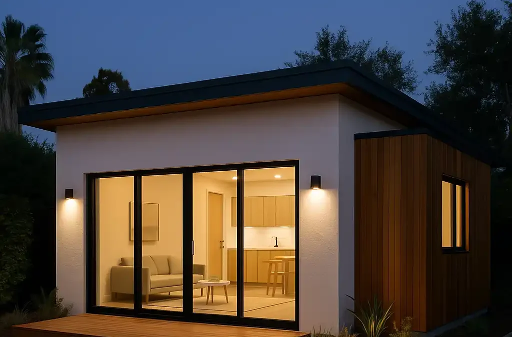 Modern garage conversion ADU guest house in Los Angeles with stucco, warm wood accents, and large glass doors