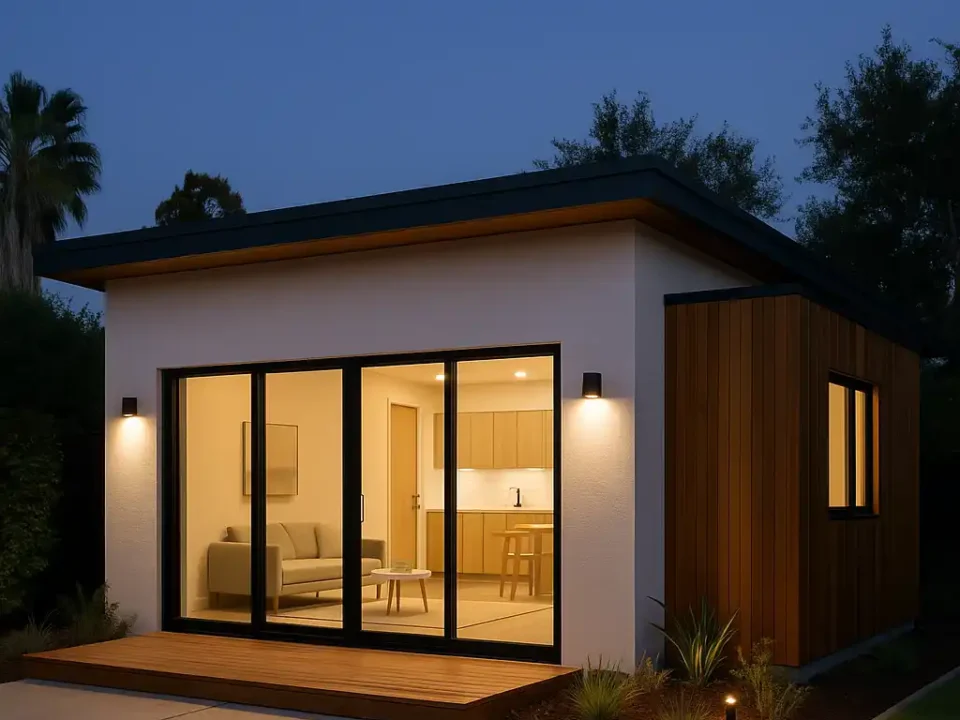 Modern garage conversion ADU guest house in Los Angeles with stucco, warm wood accents, and large glass doors