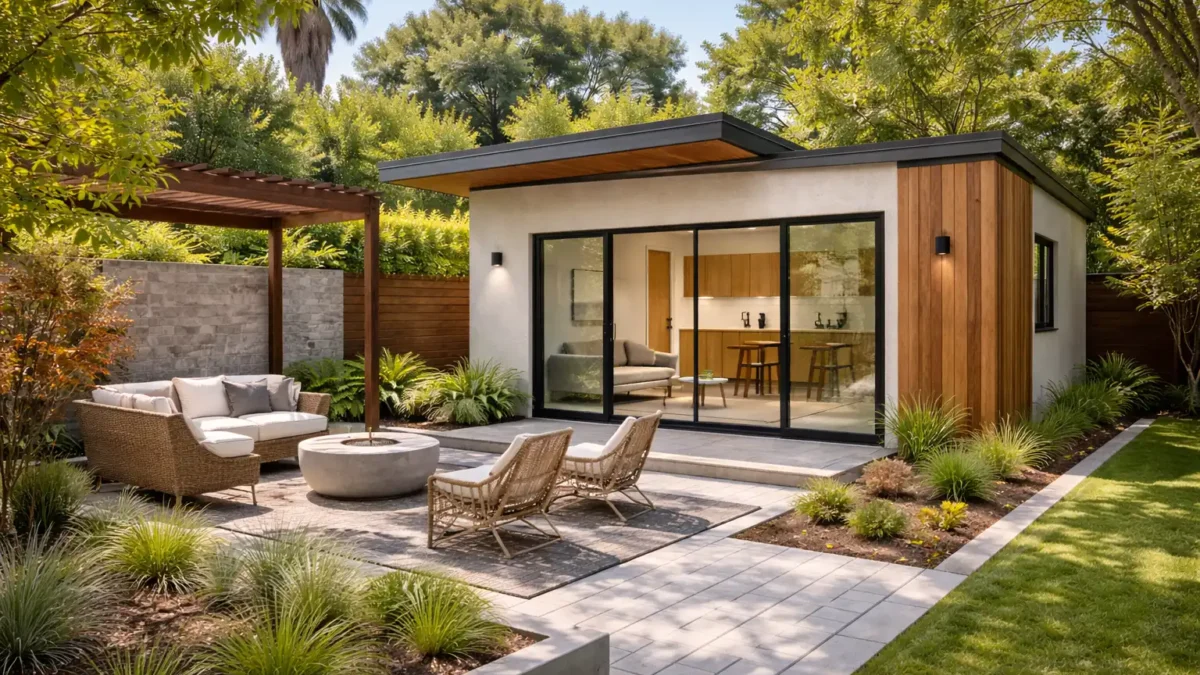Modern ADU design in California with stone paving, patterned cement walls, and garden fencing