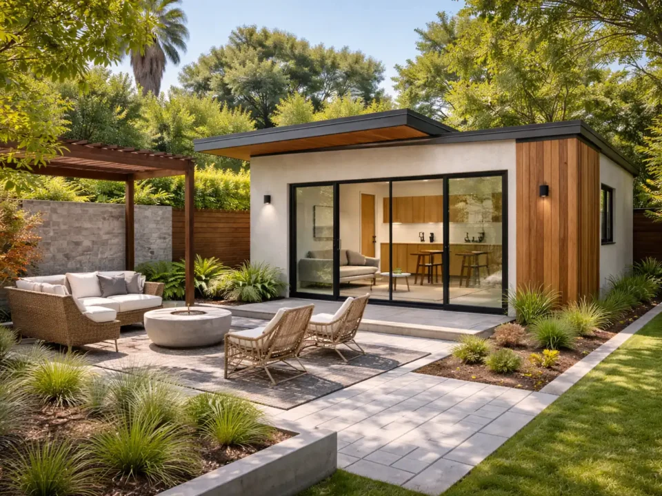 Modern ADU design in California with stone paving, patterned cement walls, and garden fencing