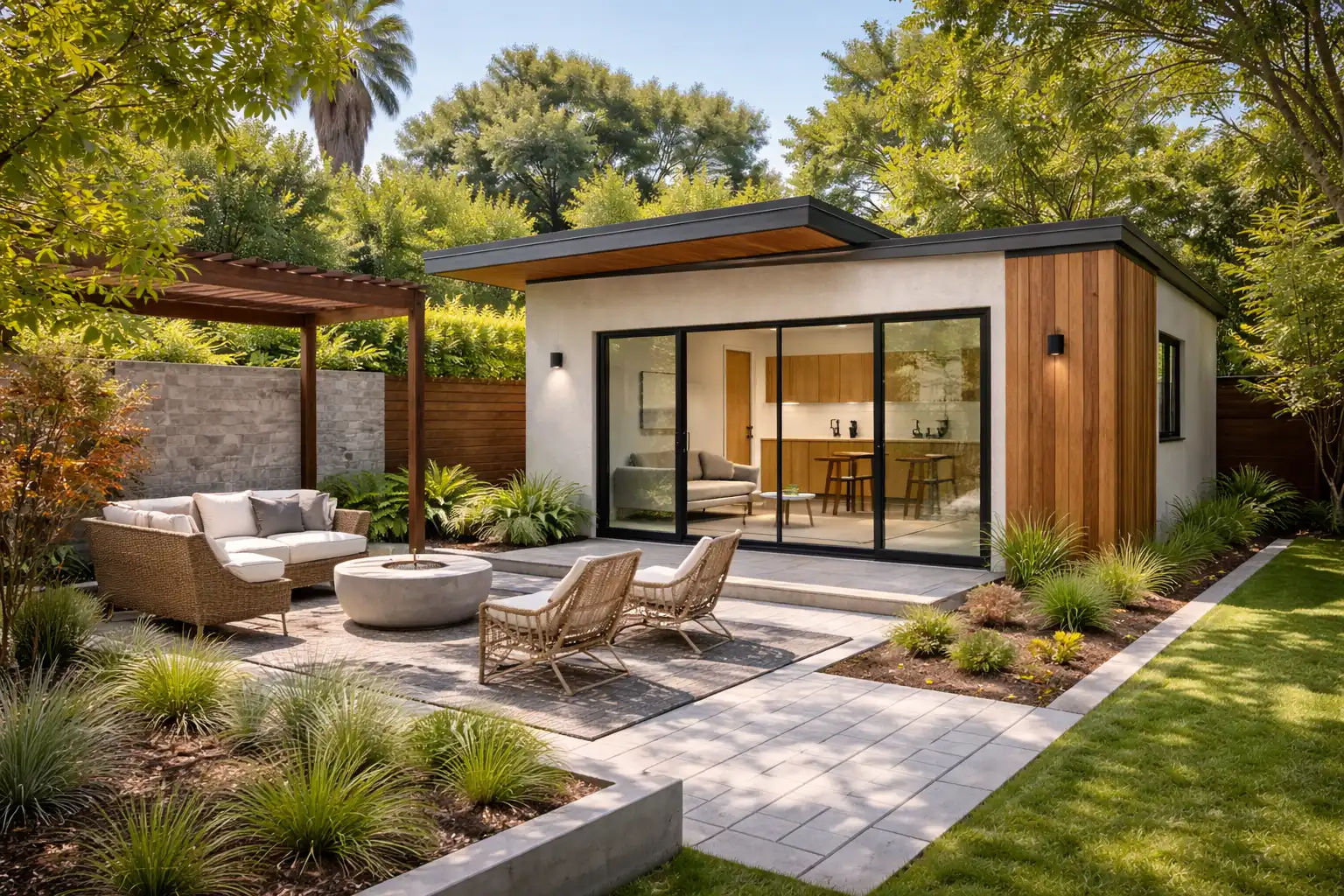 Modern ADU design in California with stone paving, patterned cement walls, and garden fencing