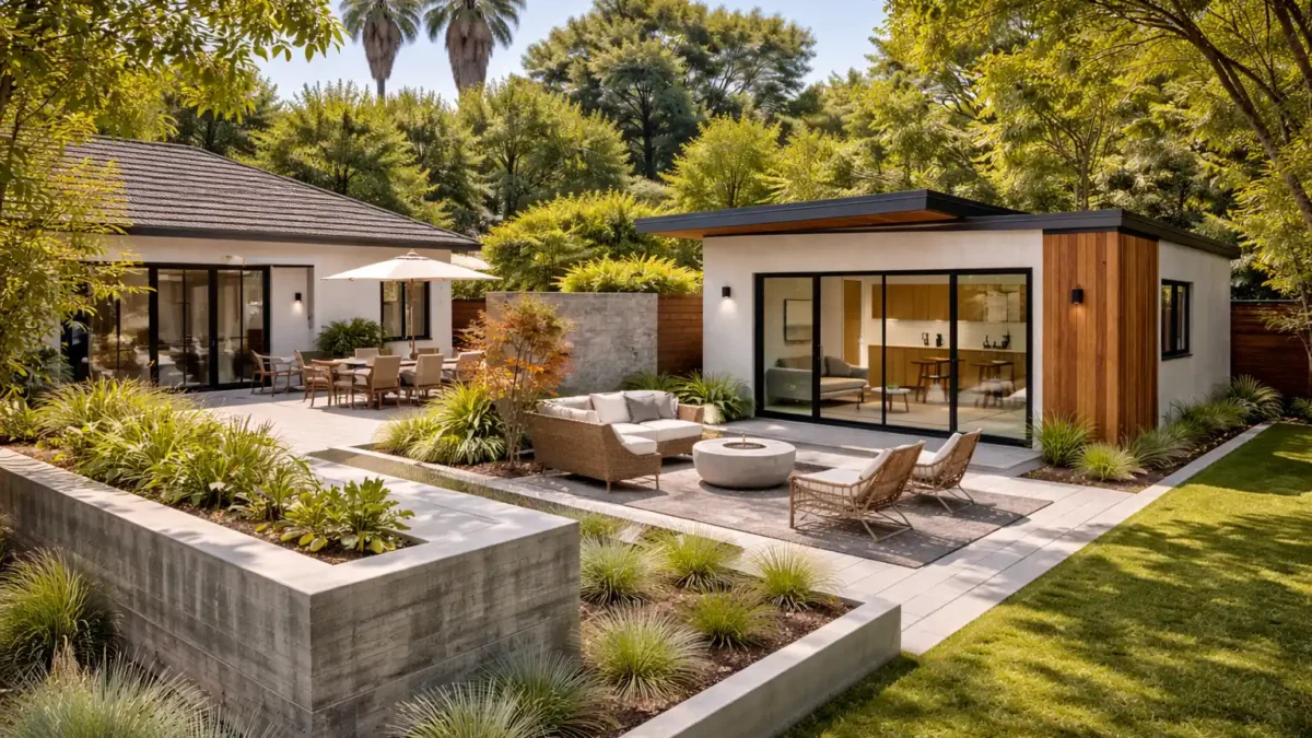 ZPR Renovation complete home and ADU project in Los Angeles with stone paving and architectural concrete walls