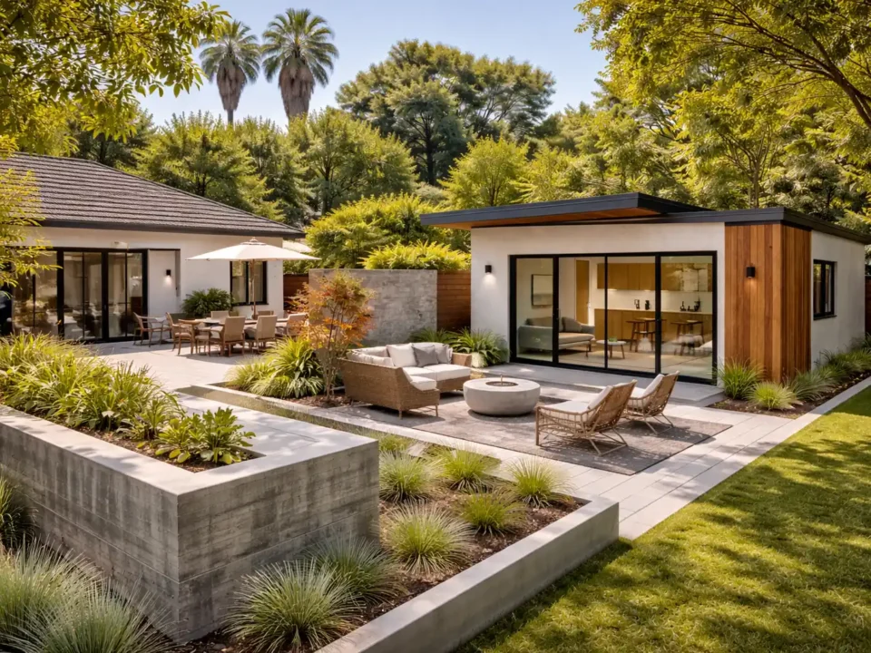 ZPR Renovation complete home and ADU project in Los Angeles with stone paving and architectural concrete walls