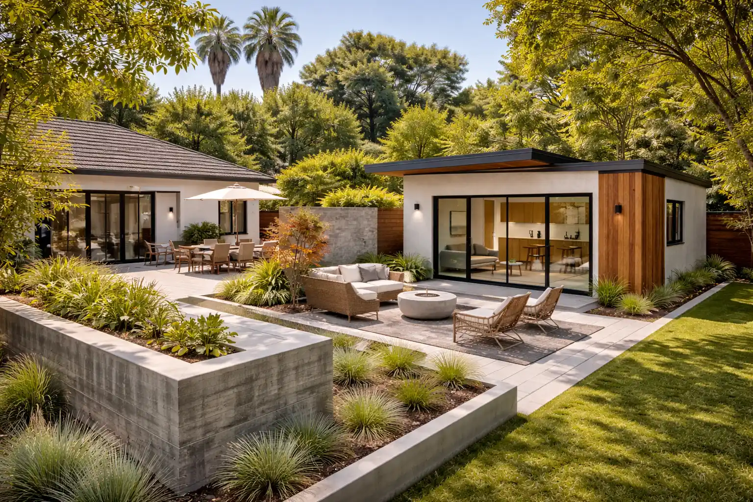 ZPR Renovation complete home and ADU project in Los Angeles with stone paving and architectural concrete walls